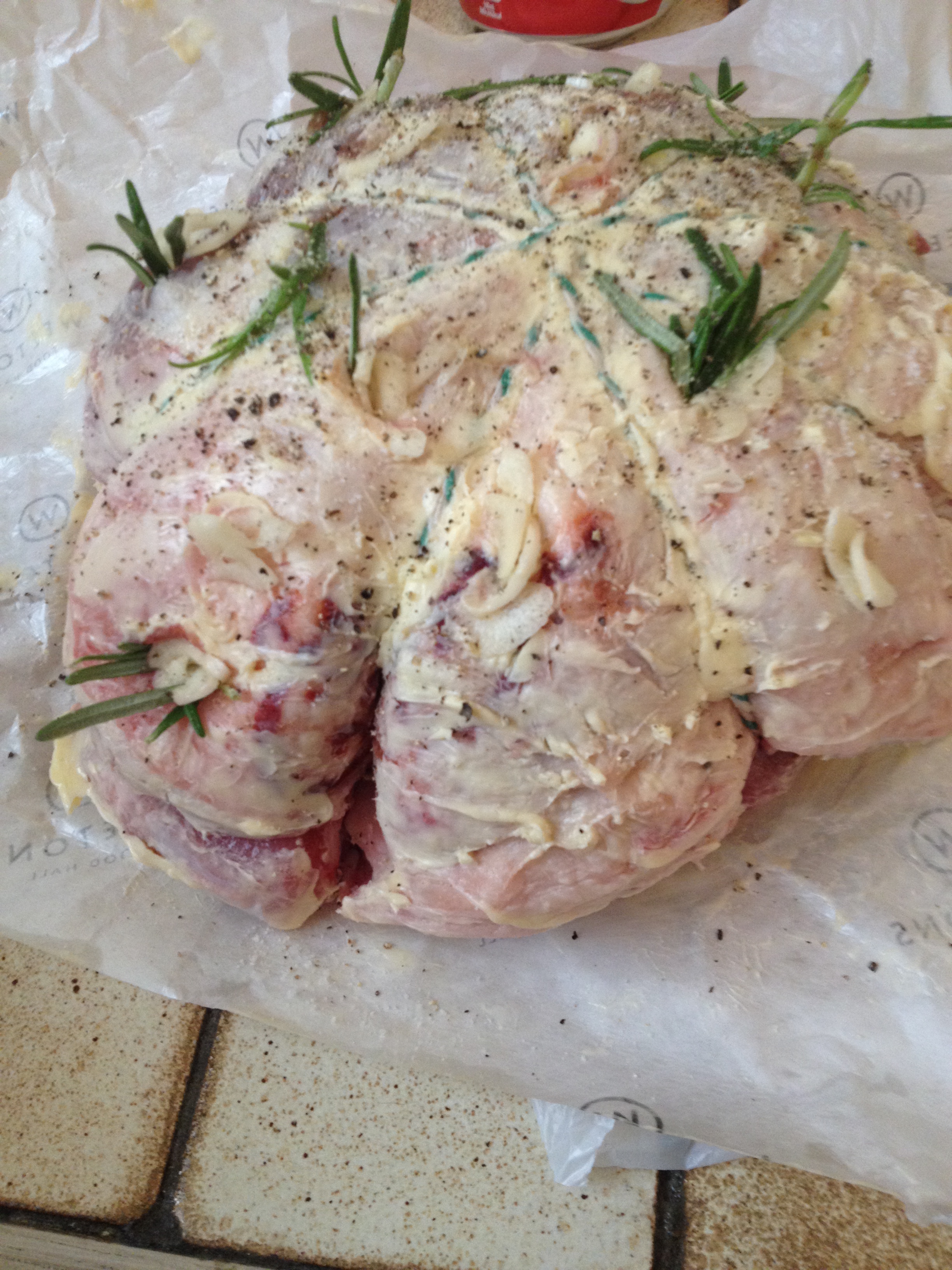 The beautiful piece of prepared lamb - ready for the oven! 